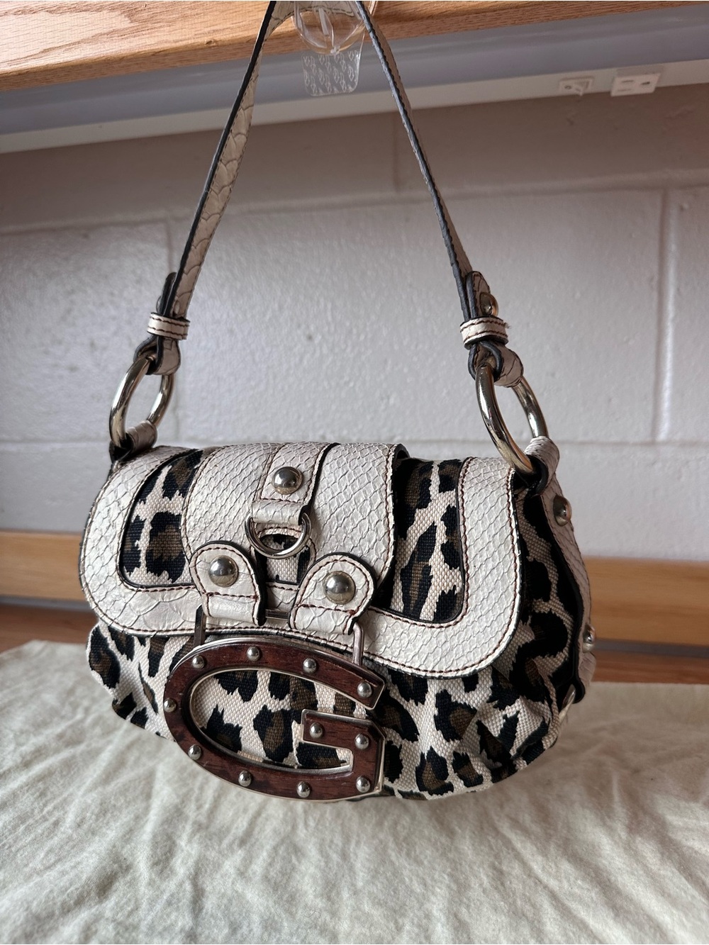 Guess Leopard Print Shoulder Bag with Cream Trim and Brown G Logo